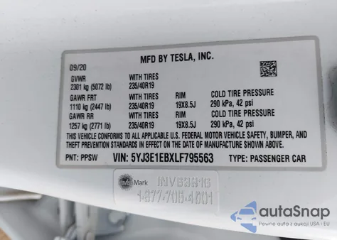 2020 Tesla Model 3 Long Range Dual Motor All-Wheel Drive from USA, damaged, VIN 5YJ3E1EBXLF795563